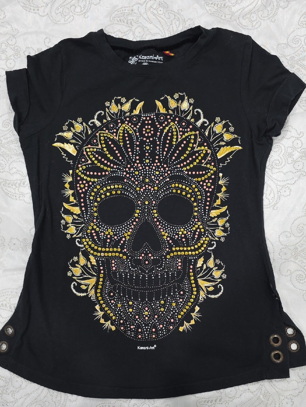 Black Short Sleeve Skull Tee with Gold & Pink Rhinestone Accent